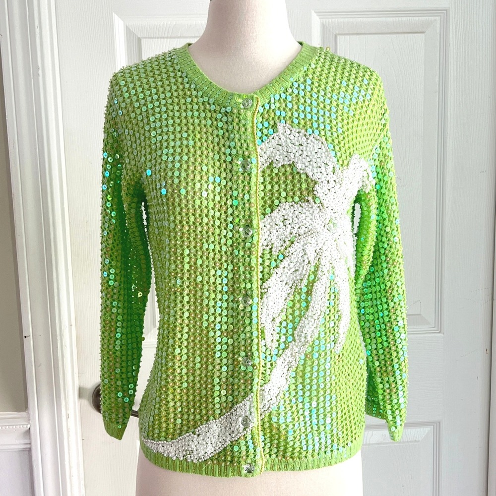 Berek Sequin Cardigan S Womens Beaded Palm Tree Lime Green Vintage 90s Party